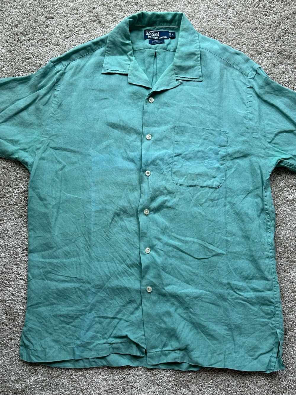 VTG 90s Polo Ralph Lauren Caldwell Linen Camp Shirt Mens Medium Teal Green Loop